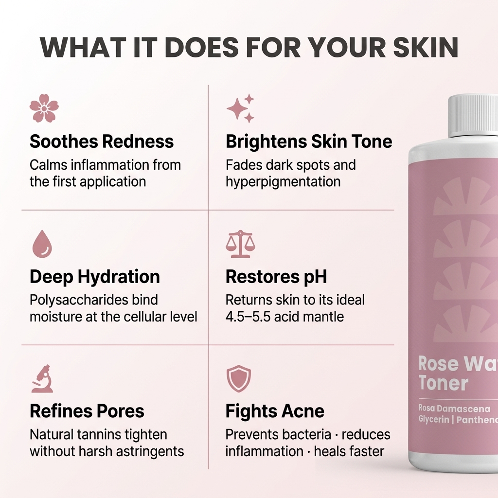 Rose water toner skin benefits including hydration and a soothed skin feel