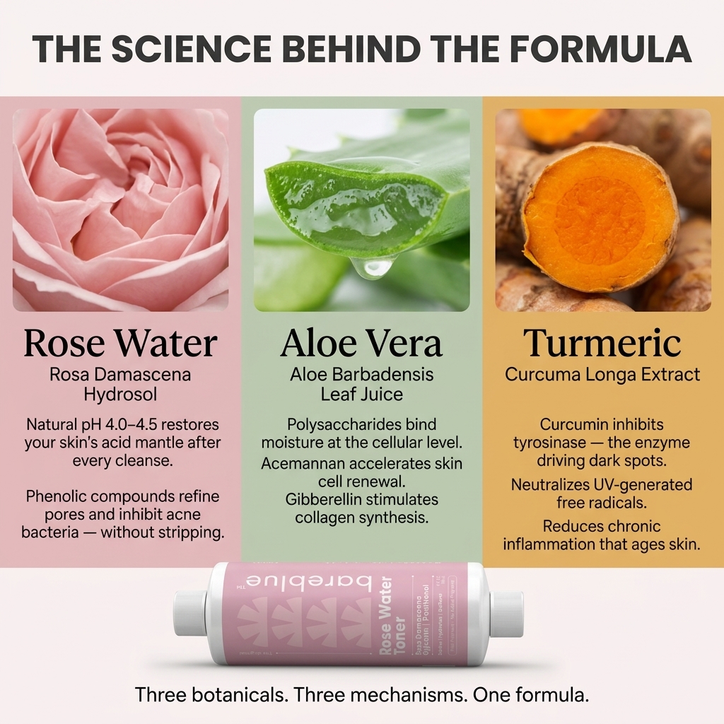 Botanical ingredients featured in the Bareblue Rose Water Toner creative