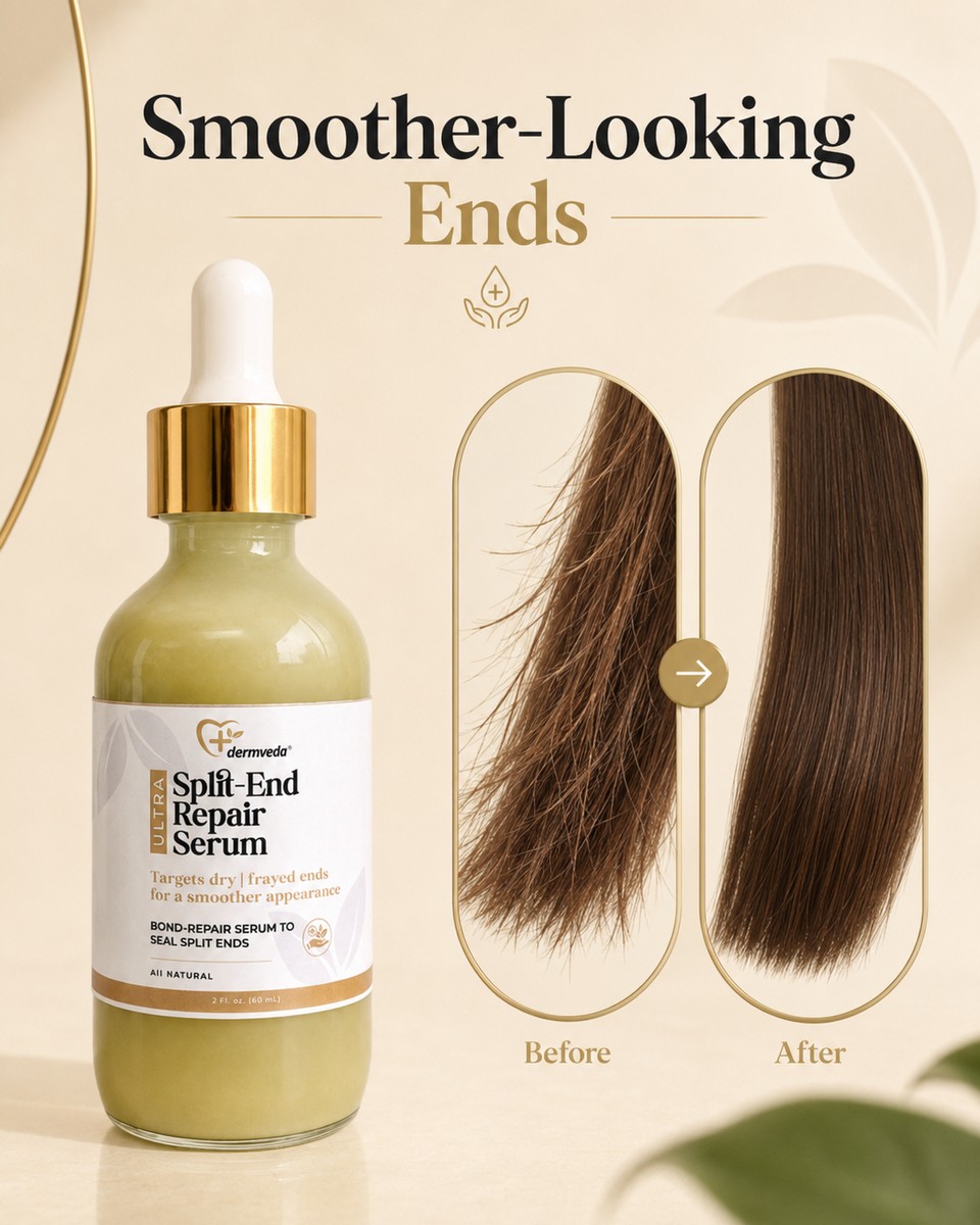 Split-End Repair Serum before and after — frayed ends to visibly smoother, sealed strands
