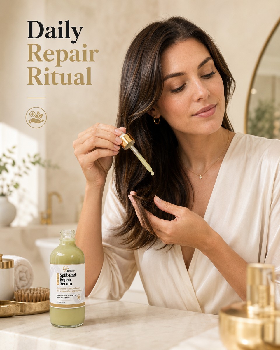 Daily Repair Ritual — woman applying Dermveda Split-End Repair Serum dropper at vanity