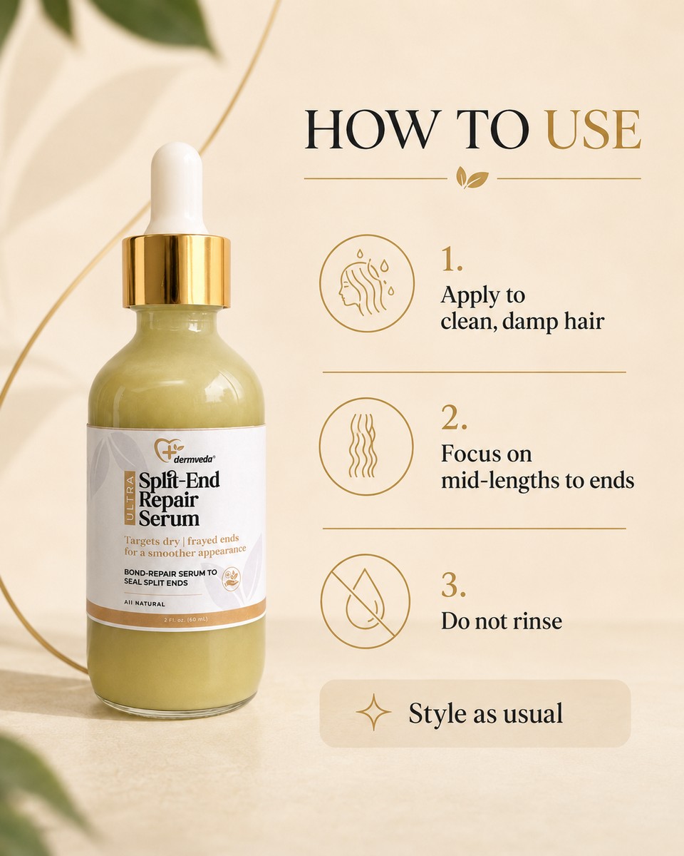 How to use Dermveda Split-End Repair Serum — apply to damp hair, focus mid-lengths to ends, do not rinse
