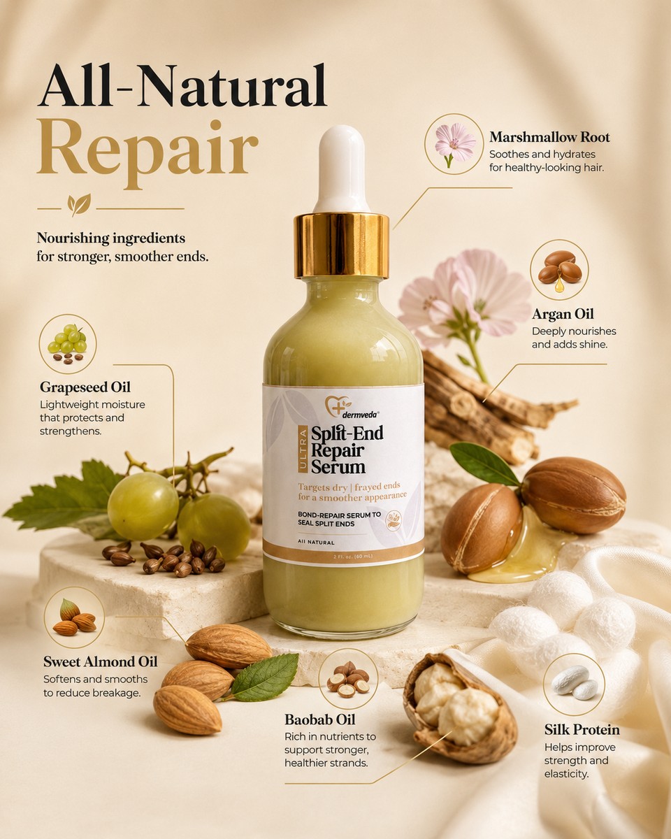 All-natural split-end repair ingredients — argan, almond, grape seed, baobab, marshmallow root, silk protein