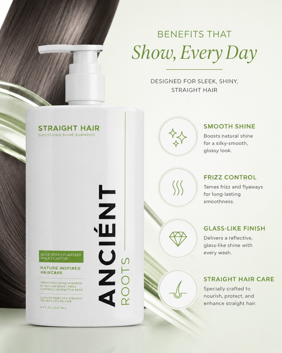 Benefits — smooth shine, frizz control, glass-like finish, straight hair care