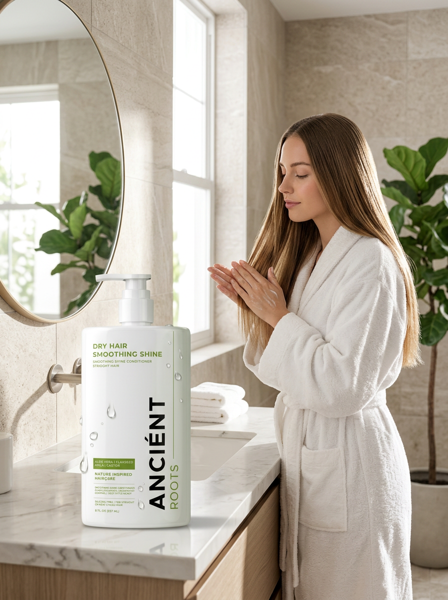 Woman smoothing Ancient Roots Straight Hair Conditioner through sleek hair in a modern bathroom — silicone-free smoothing shine for straight, heat-styled hair