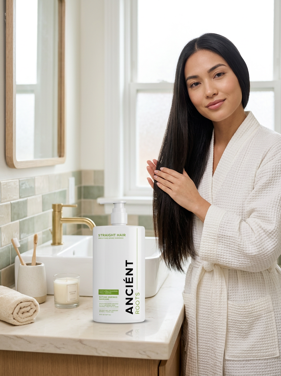 Woman with sleek, straight hair holding smooth strands beside Ancient Roots Straight Hair Shampoo — sulfate-free smoothing shine for straight hair