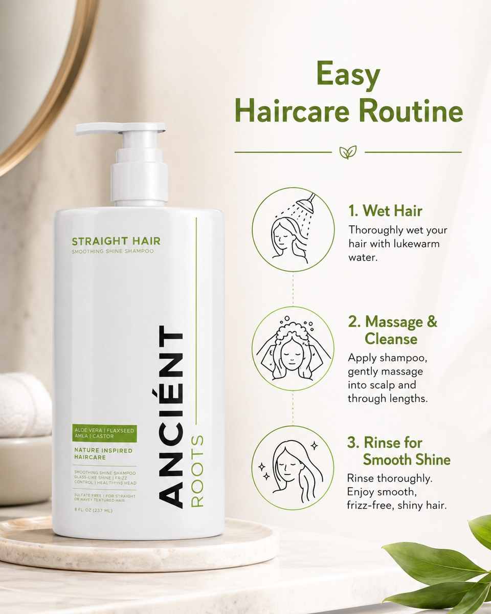 Easy haircare routine — wet, massage & cleanse, rinse for smooth shine