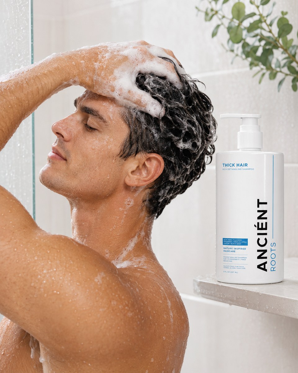 Applying hydrating sulfate-free shampoo to frizzy hair