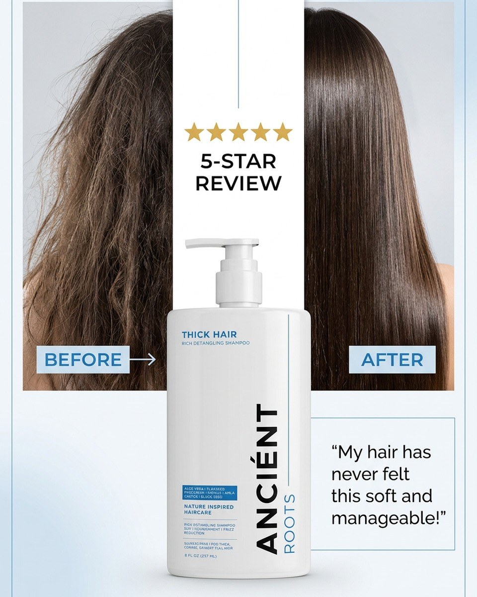 Five-star review for Ancient Roots hydrating shampoo for frizzy hair