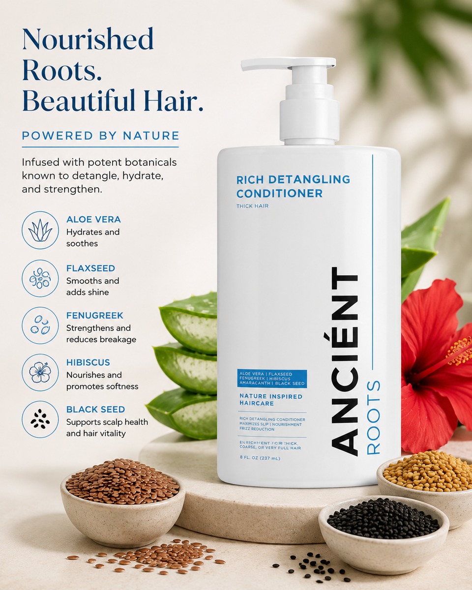 Botanical ingredients in Detangling Conditioner for Thick and Coarse Hair including aloe vera, flaxseed, fenugreek, hibiscus and black seed