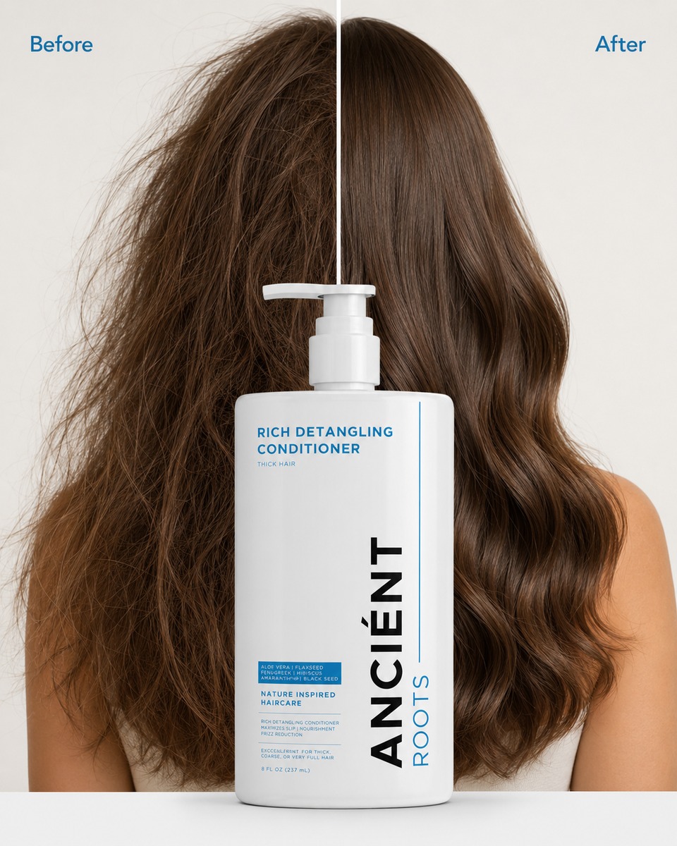 Before and after showing smoother, softer thick and coarse hair after conditioning