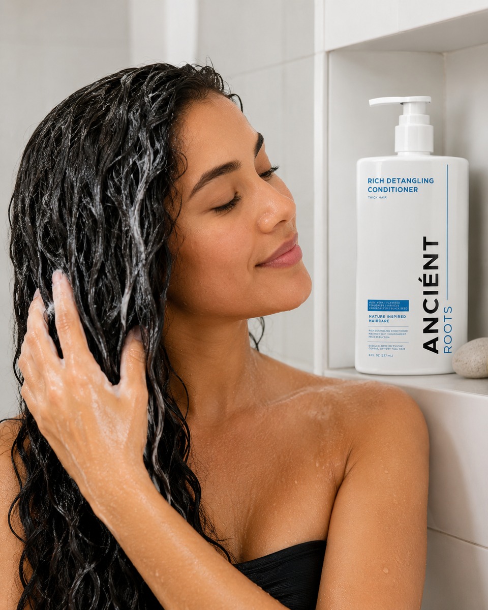 Applying detangling conditioner to thick and coarse hair in the shower