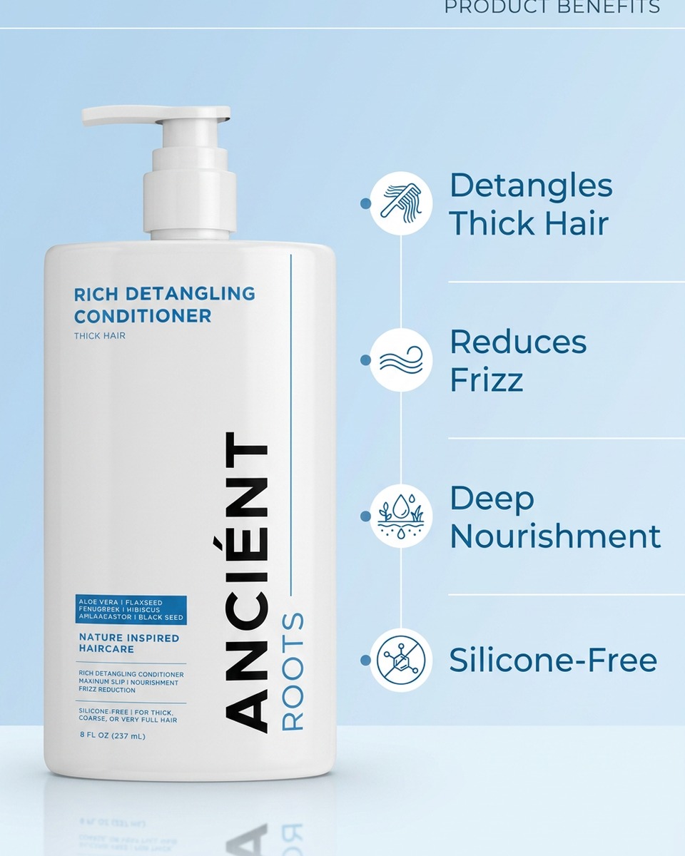 Detangling conditioner benefits for thick and coarse hair including slip, frizz control and deep nourishment