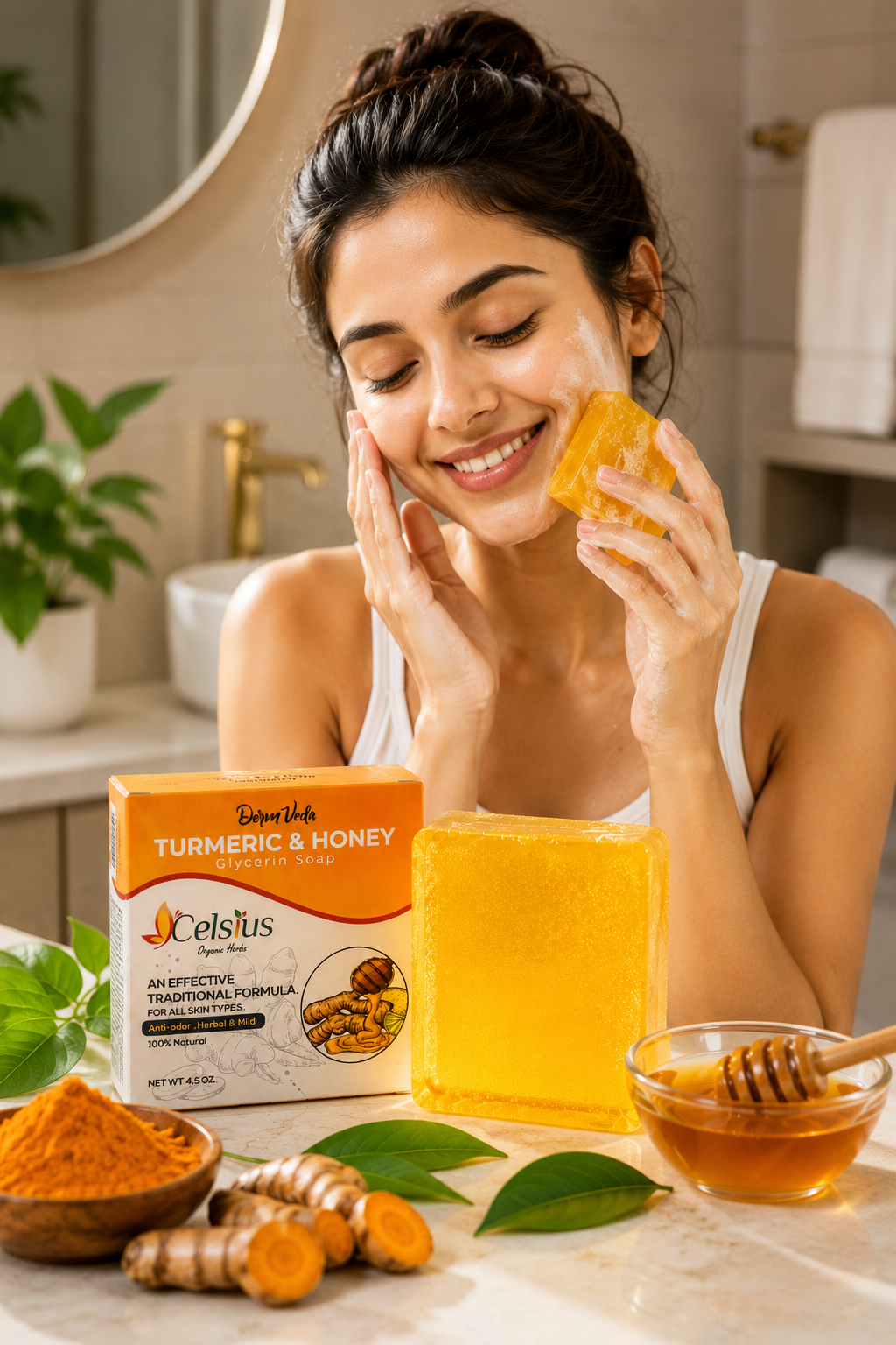 A quiet, daily lather — turmeric and honey on damp skin