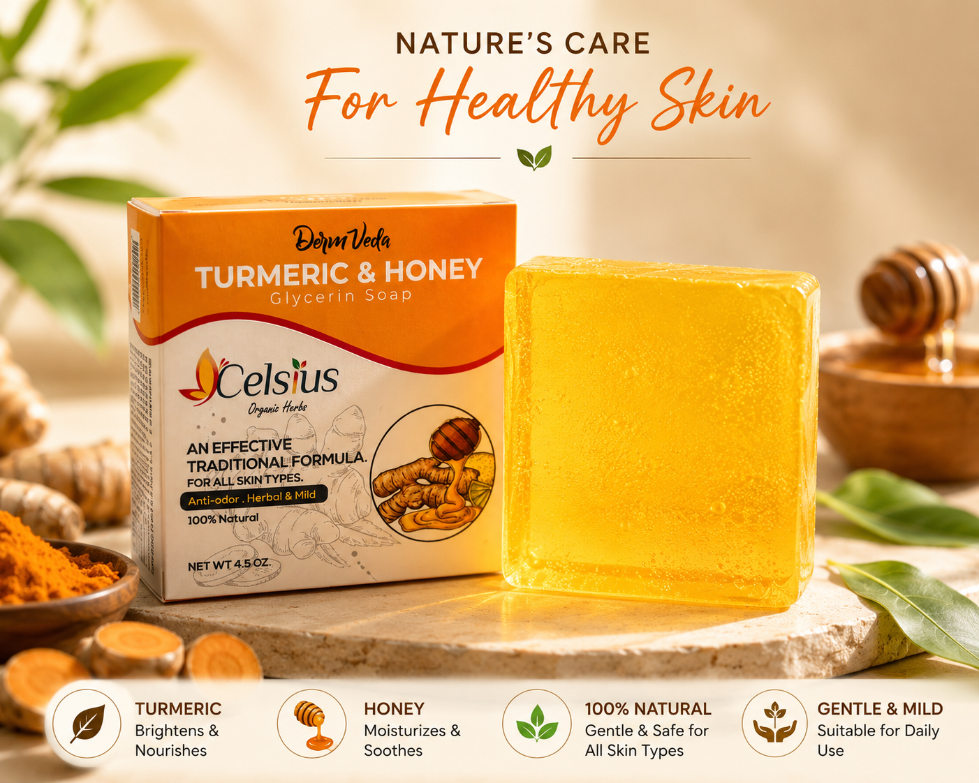 Dermveda Turmeric & Honey Glycerin Soap with the natural ingredients
