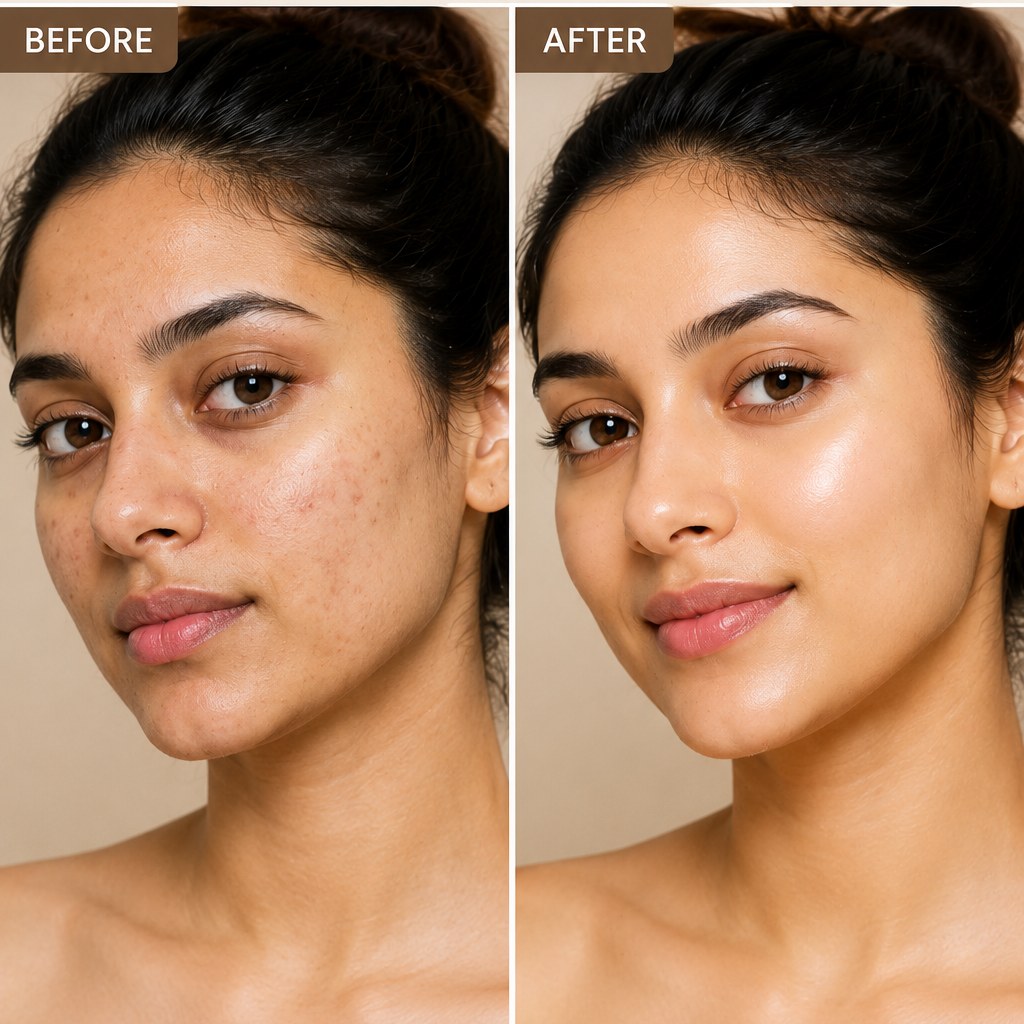 Before and after — visibly clearer, brighter, more even skin tone