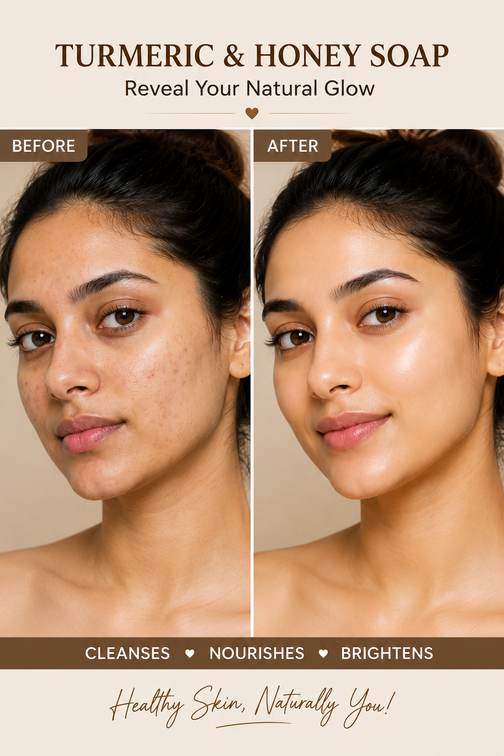 Before and after — visibly clearer, brighter, more even tone in 30 days