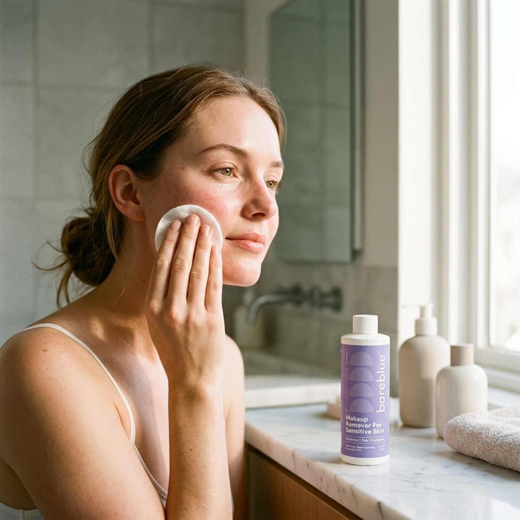 Woman with fair sensitive skin gently wiping her cheek with a cotton pad beside a Bareblue Makeup Remover bottle on a marble counter