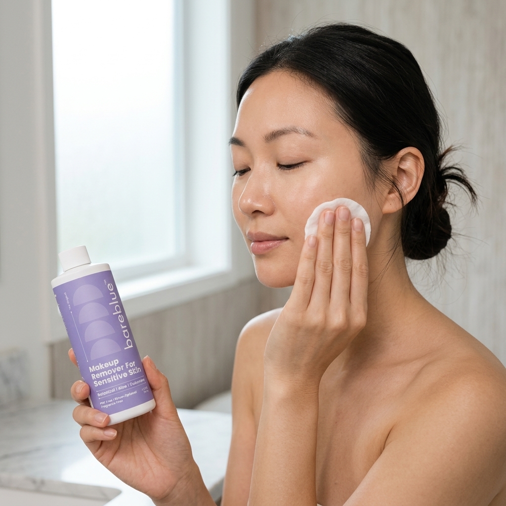 Woman holding a Bareblue Makeup Remover for Sensitive Skin bottle while cleansing her cheek with a cotton pad by a bright window