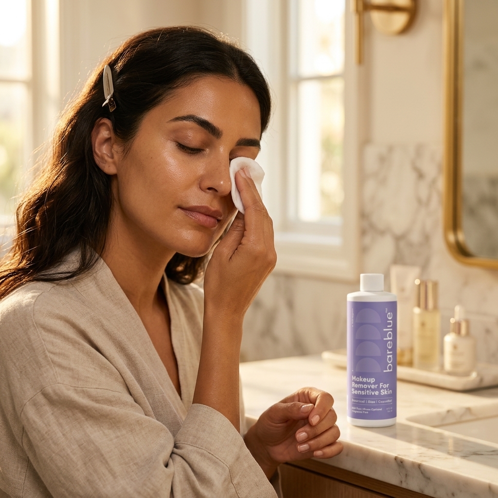 Woman with olive skin in a robe gently removing eye makeup with a cotton pad next to a Bareblue Makeup Remover bottle on a marble vanity