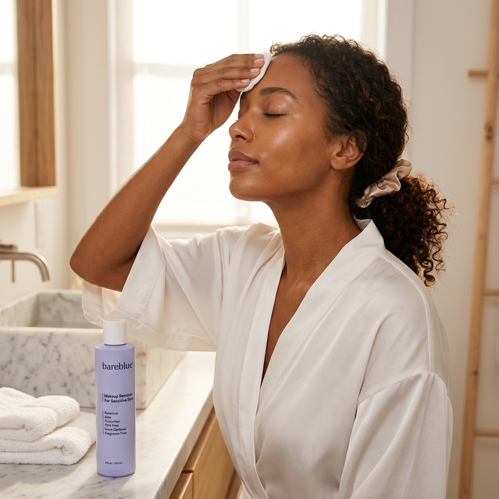 Woman with medium-brown skin and curly hair cleansing her forehead with a cotton pad beside Bareblue Makeup Remover for Sensitive Skin