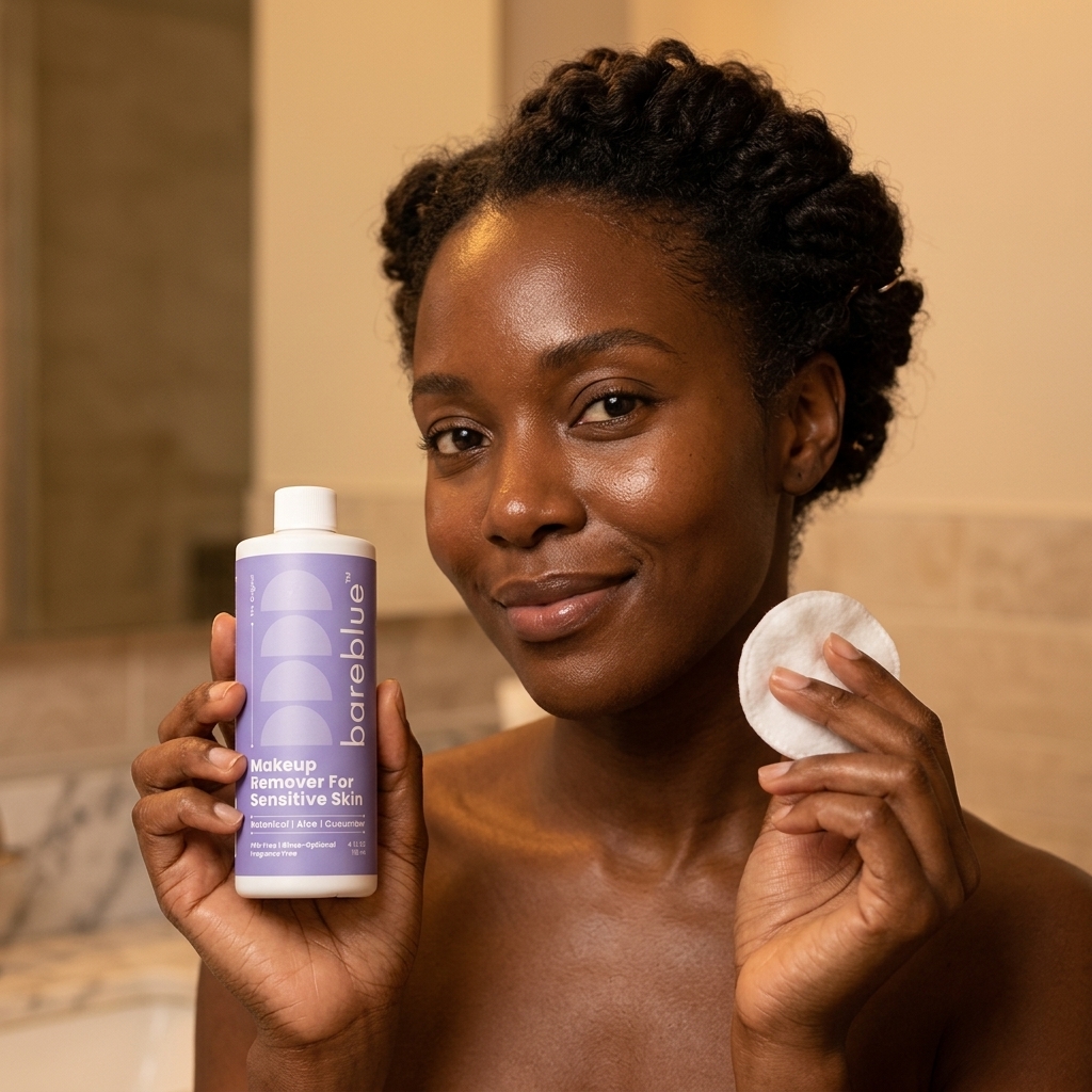 Woman with deep skin tone holding a Bareblue Makeup Remover for Sensitive Skin bottle and cotton pad in a warm bathroom