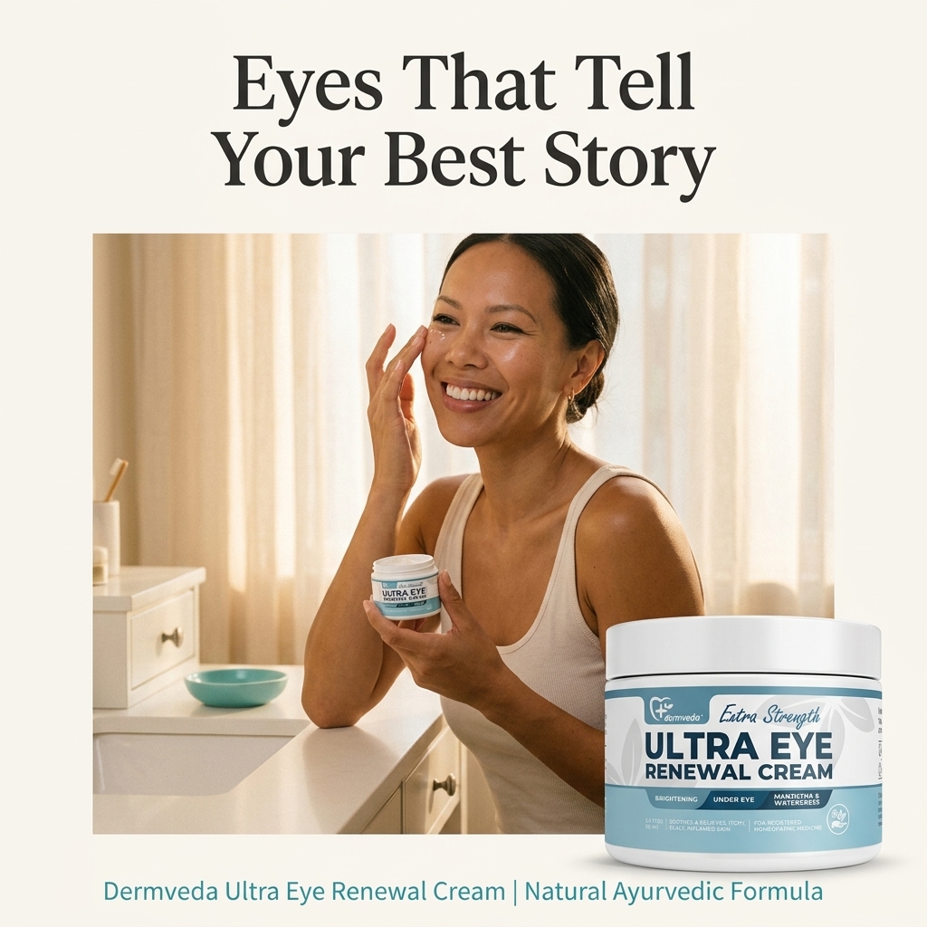 Woman applying Dermveda Ultra Eye Renewal Cream — hydrating eye cream for sensitive skin used as a daily under-eye ritual