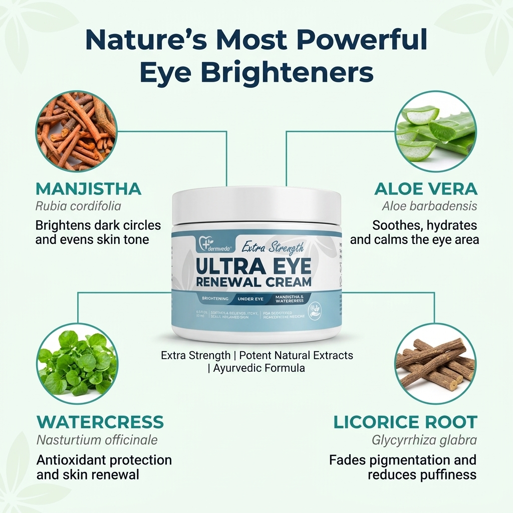 Ultra Eye Renewal Cream ingredients — Manjistha root, aloe vera, watercress and licorice root eye brighteners