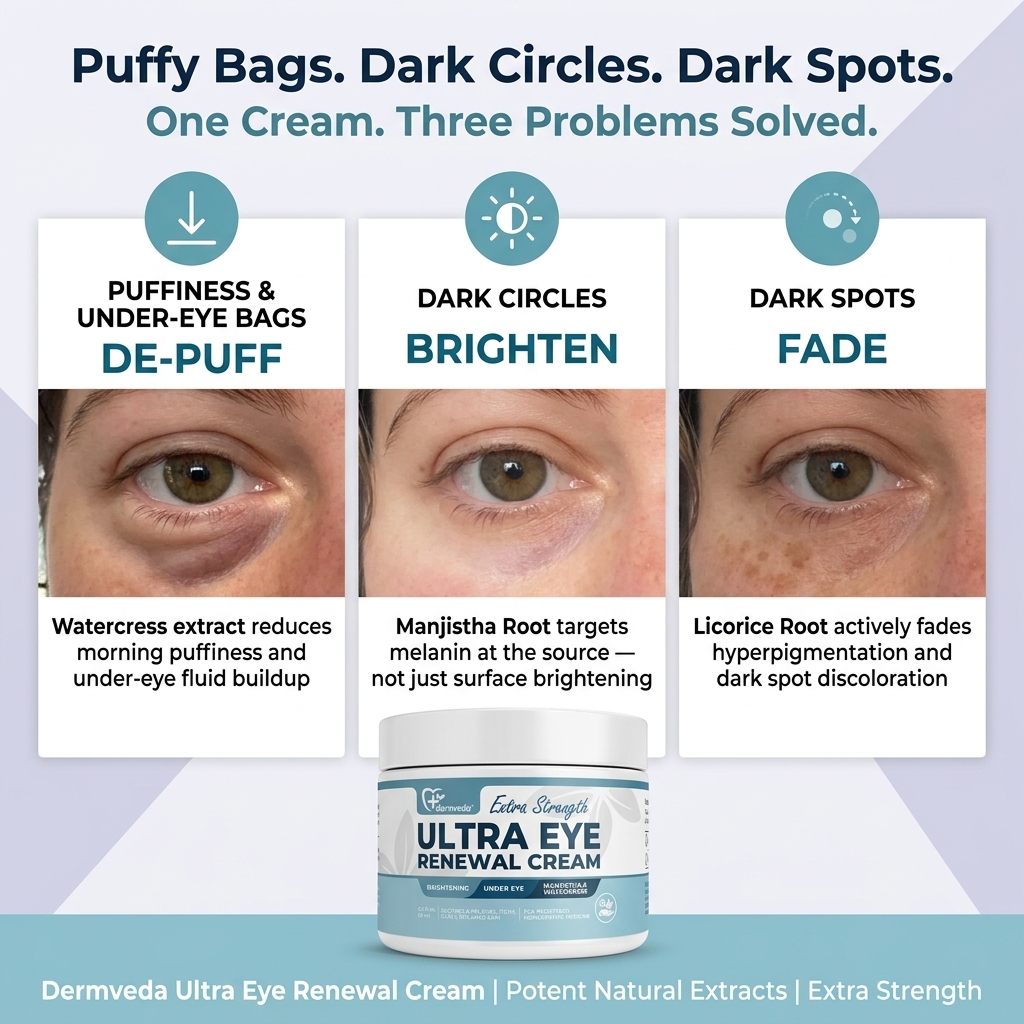 Eye cream for puffiness and under-eye bags, dark circles and brightening eye cream for dark spots with watercress, Manjistha and licorice root