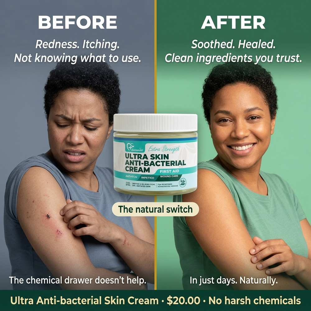 Before and after using Ultra Skin Anti-Bacterial Cream on red, itchy, irritated skin