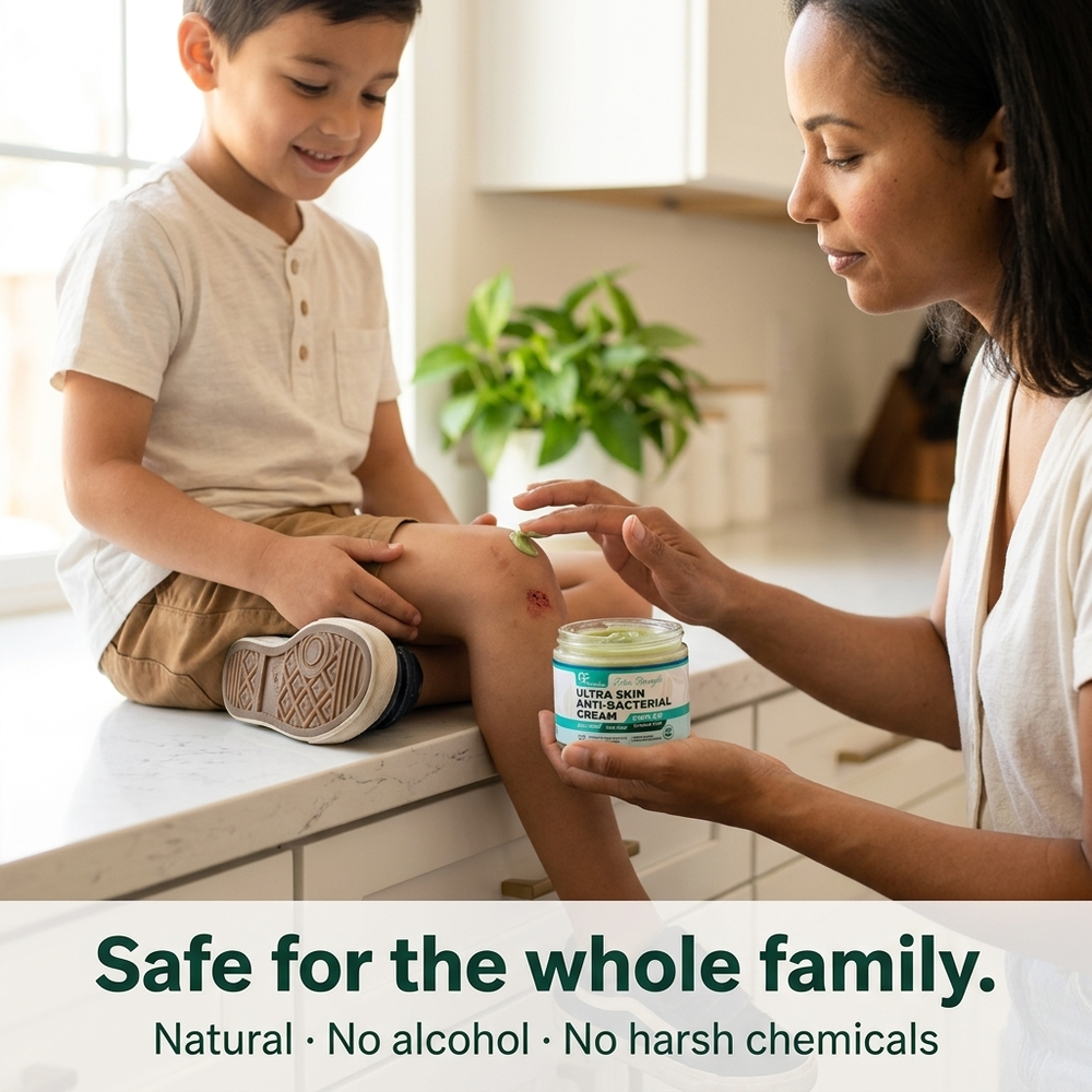 Mom applying Ultra Skin Anti-Bacterial Cream to a child's scraped knee — safe for the whole family