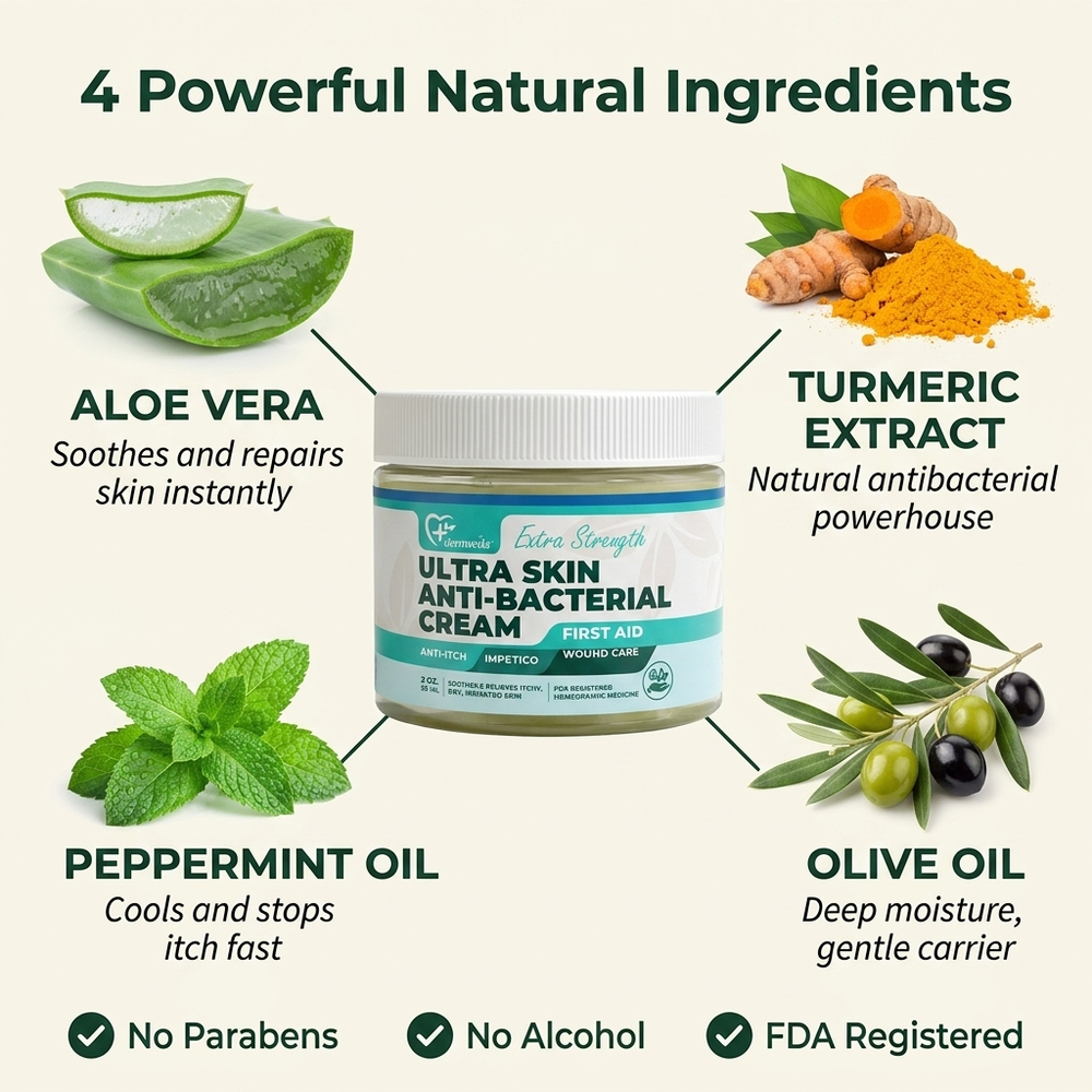 Aloe vera, turmeric extract, peppermint oil and olive oil ingredients in Ultra Skin antibacterial cream