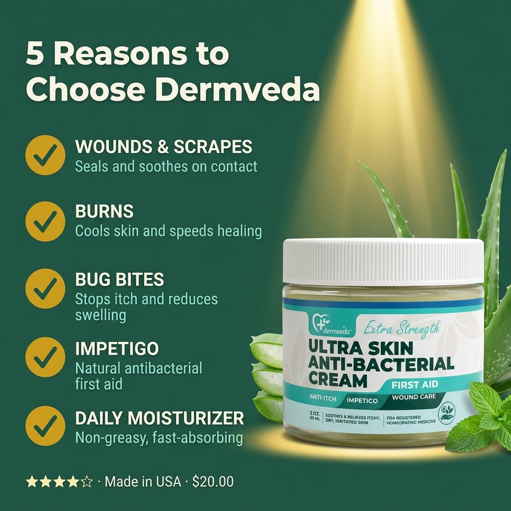 5 reasons to choose Dermveda — wounds and scrapes, burns, bug bites, impetigo and daily moisturizer