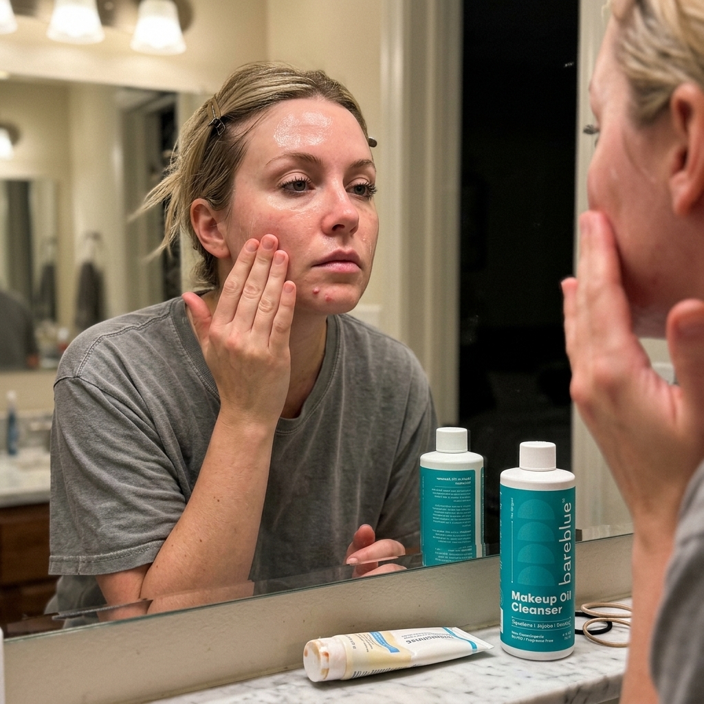 Woman with fair skin massaging Bareblue makeup oil cleanser onto dry skin to dissolve sunscreen and makeup