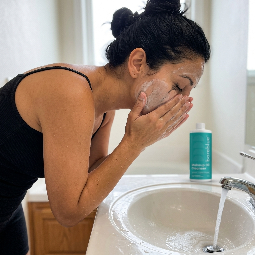 Woman rinsing Bareblue oil cleanser at the sink as it emulsifies and lifts mascara and foundation