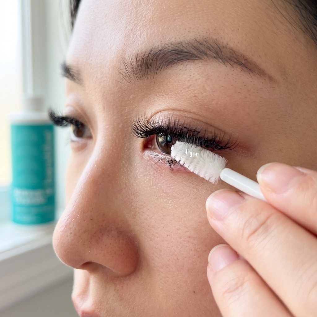 Close-up of woman cleaning lashes and eye makeup residue with Bareblue oil cleanser