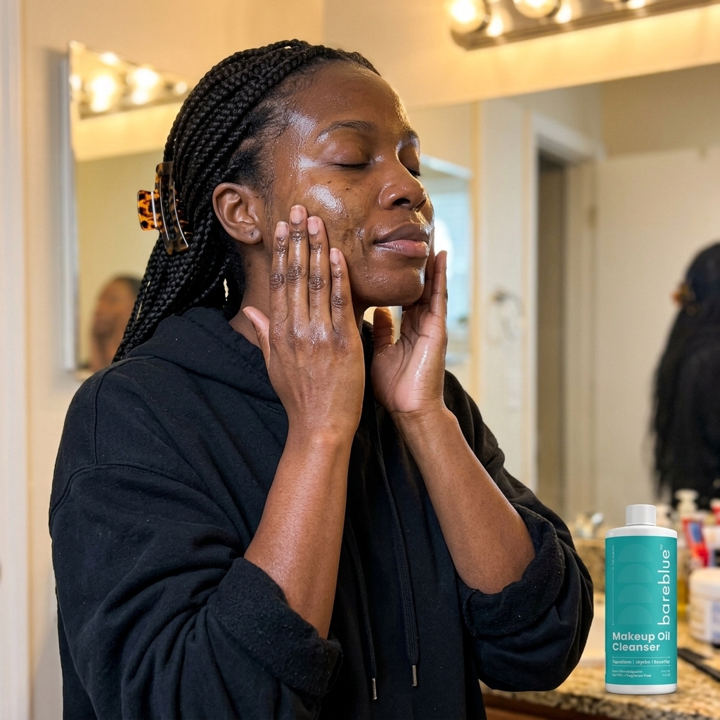 Woman with deep brown skin massaging Bareblue oil cleanser to lift high-SPF sunscreen and surface buildup