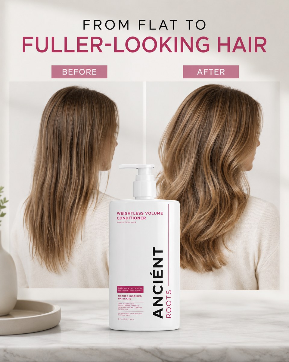 Before & after — from flat to fuller-looking hair with Ancient Roots Weightless Volume Conditioner
