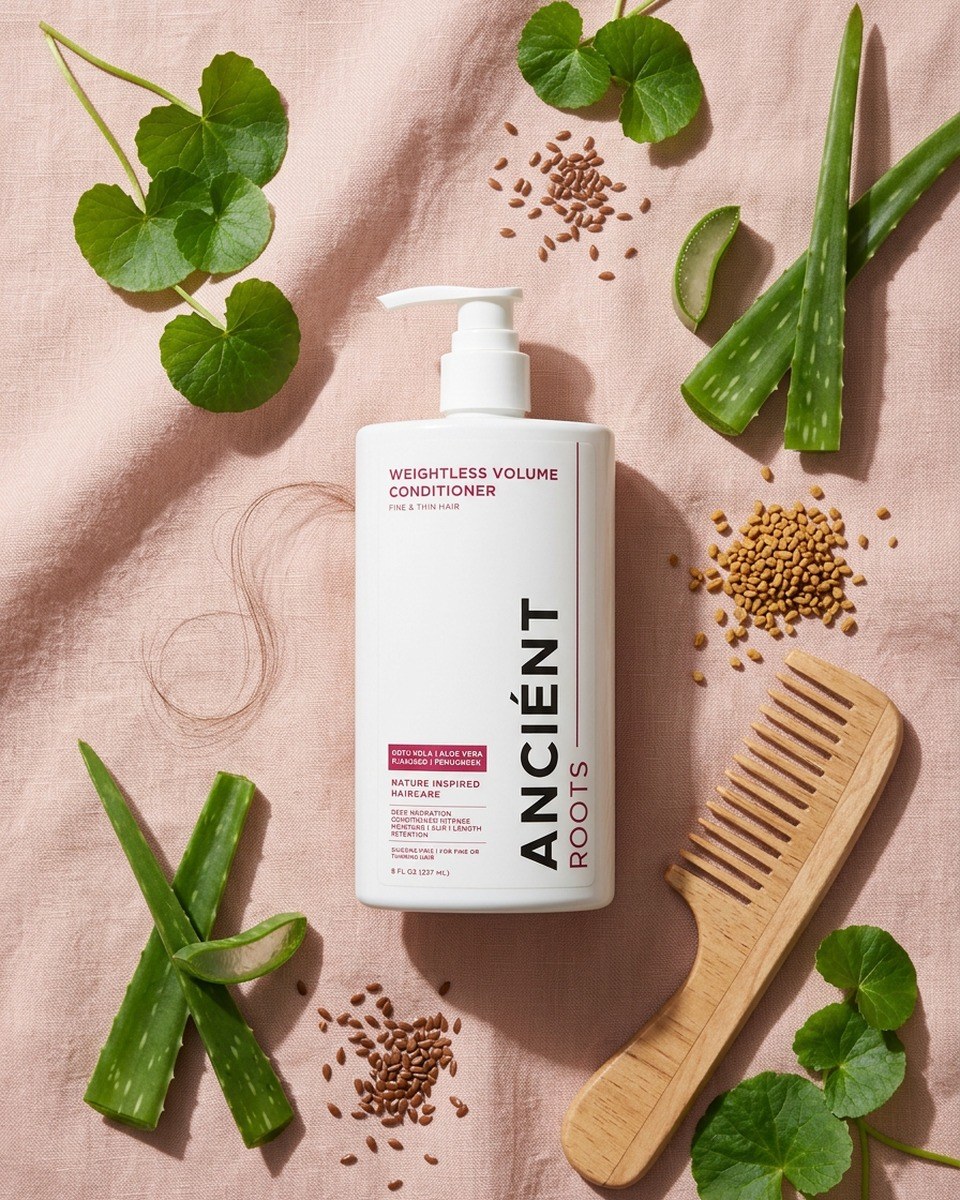 Botanical flat-lay — Gotu Kola, Aloe Vera, Flaxseed, Fenugreek with Weightless Volume Conditioner