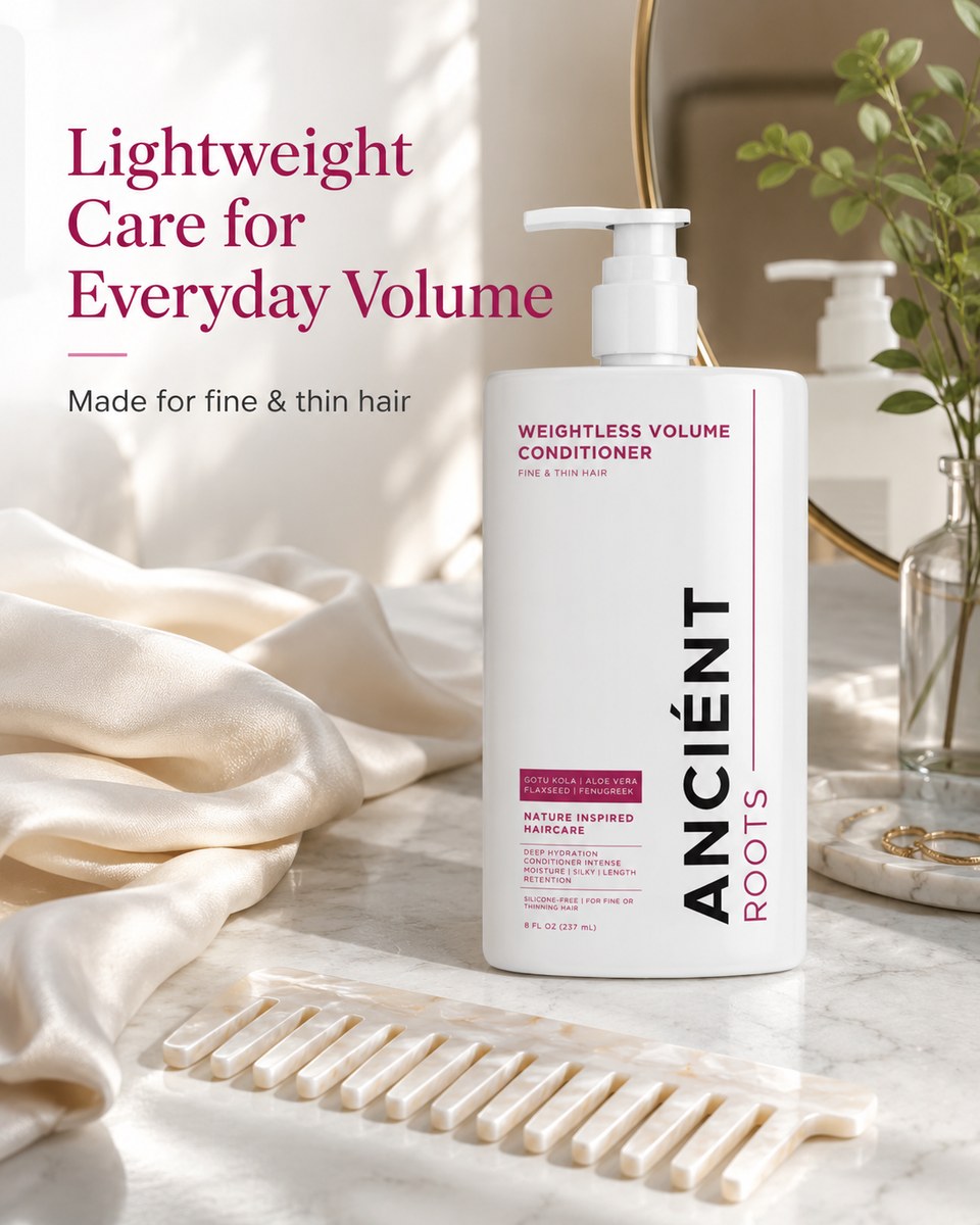 Lightweight care for everyday volume — styled on a clean marble vanity