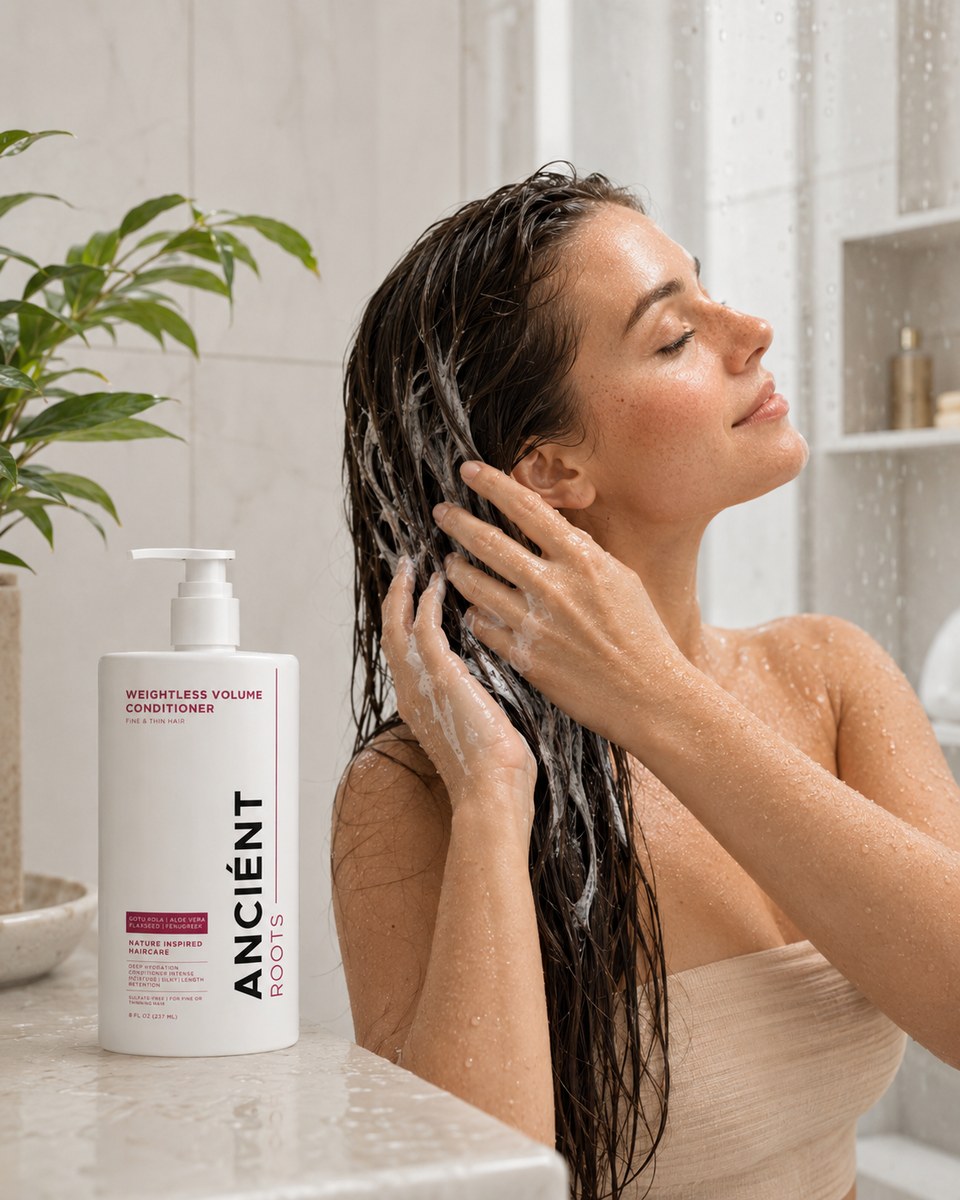 Model conditioning fine hair in the shower with Ancient Roots Weightless Volume Conditioner