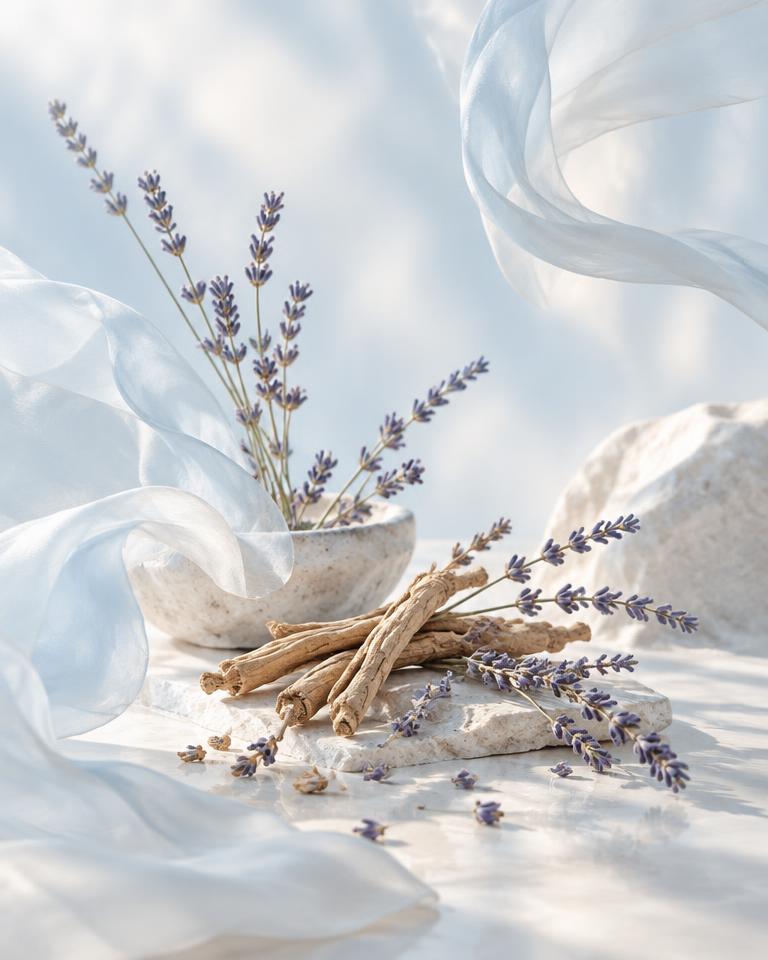 Lavender sprigs and ashwagandha root on pale stone with floating silk — Vata, air and ether