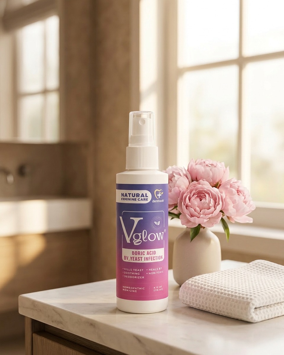Vglow spray styled in a sunlit bathroom with peonies — daily feminine wellness ritual