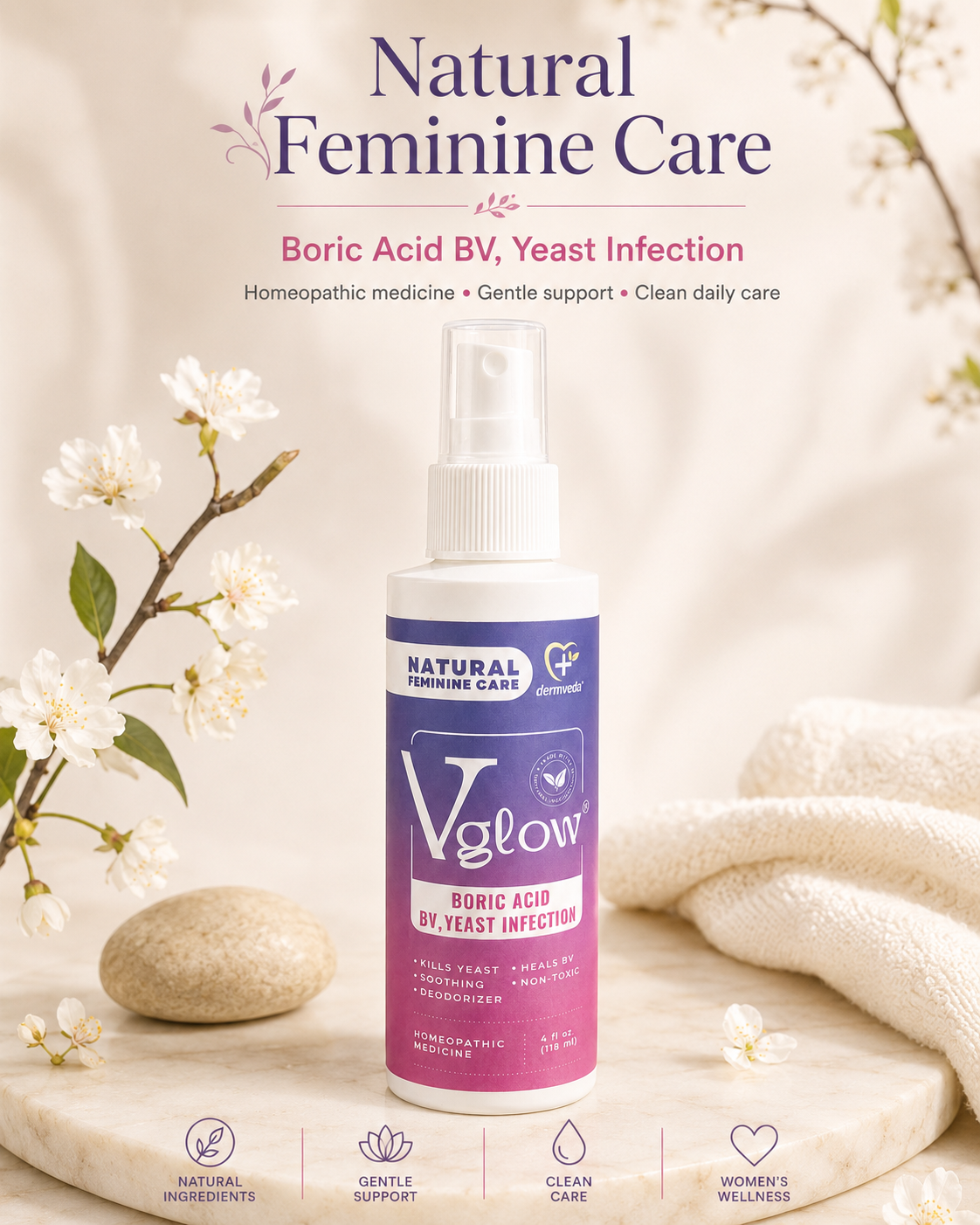 Natural Feminine Care — Vglow Boric Acid BV & Yeast spray for gentle daily support