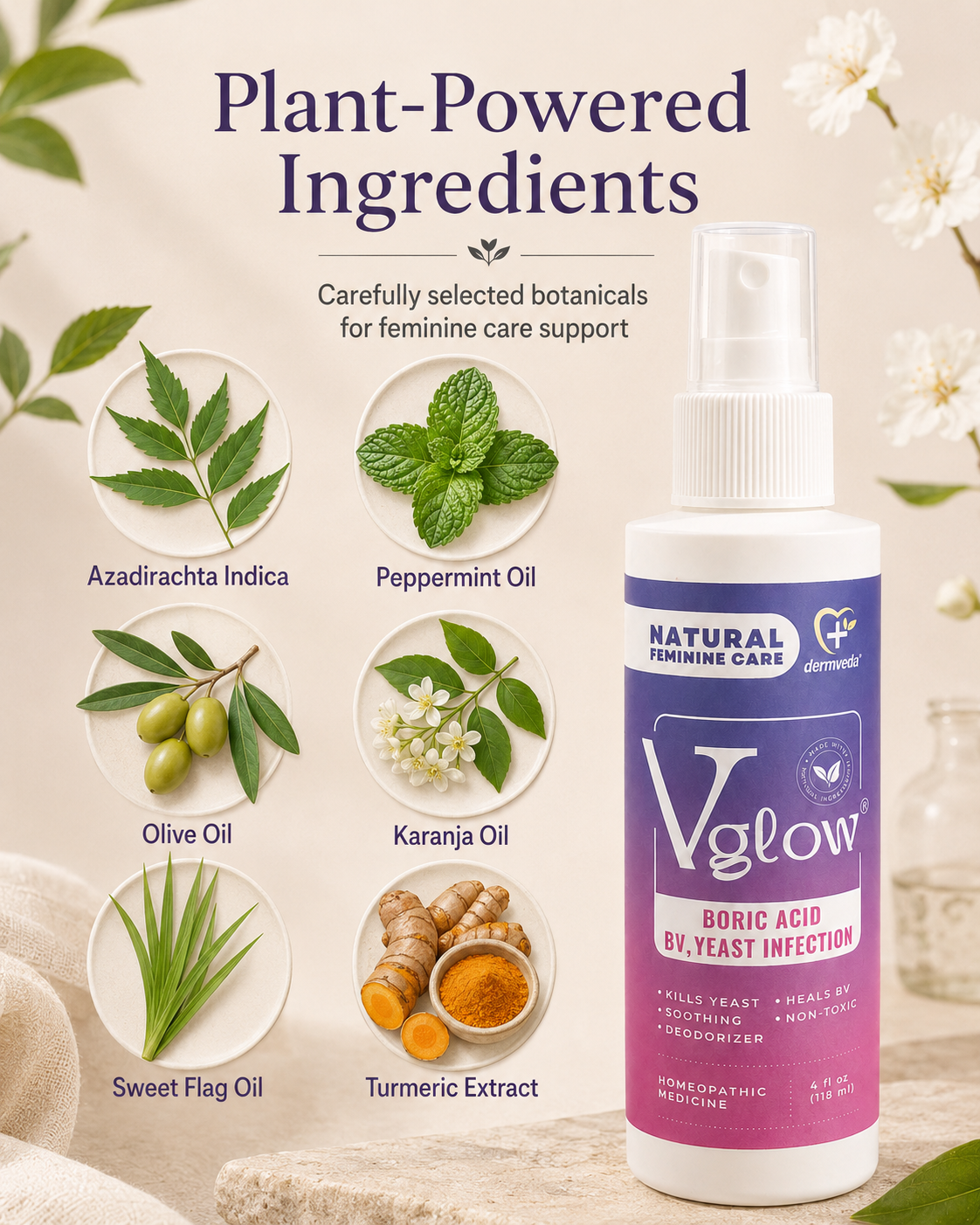 Plant-powered ingredients — neem, peppermint, olive, karanja, sweet flag and turmeric