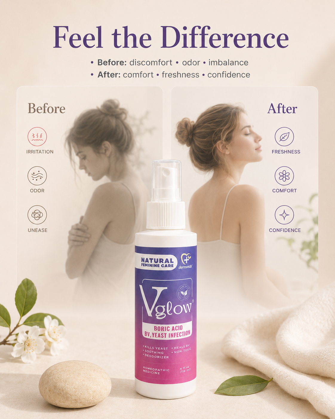 Feel the difference — before and after Vglow daily feminine care