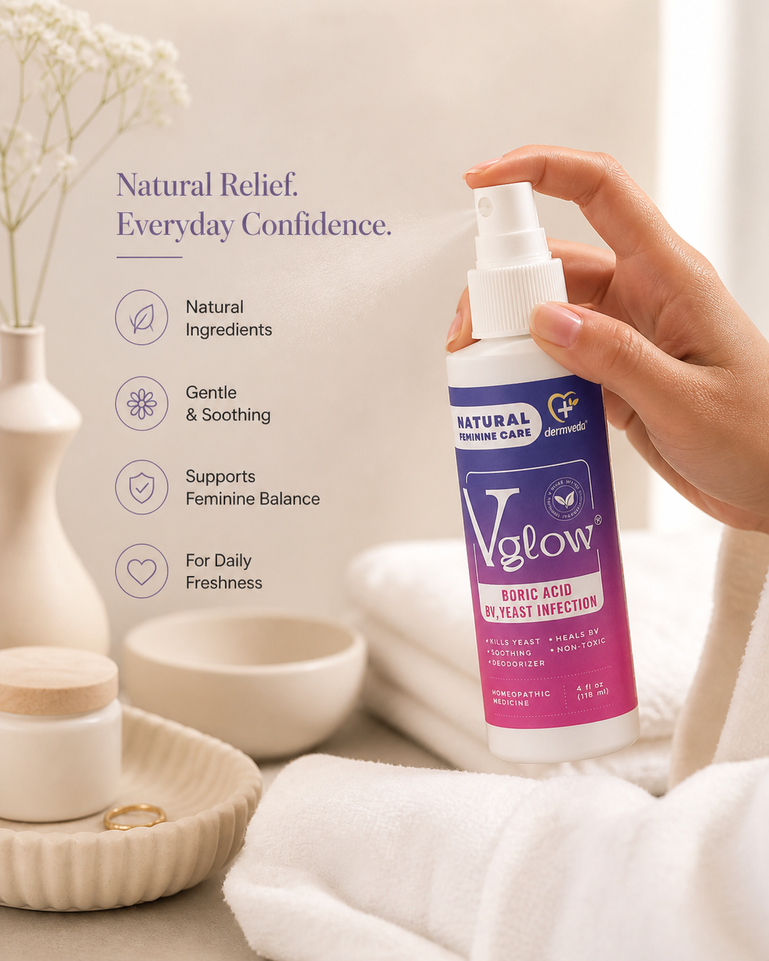 Vglow spray held in hand — natural relief, everyday confidence