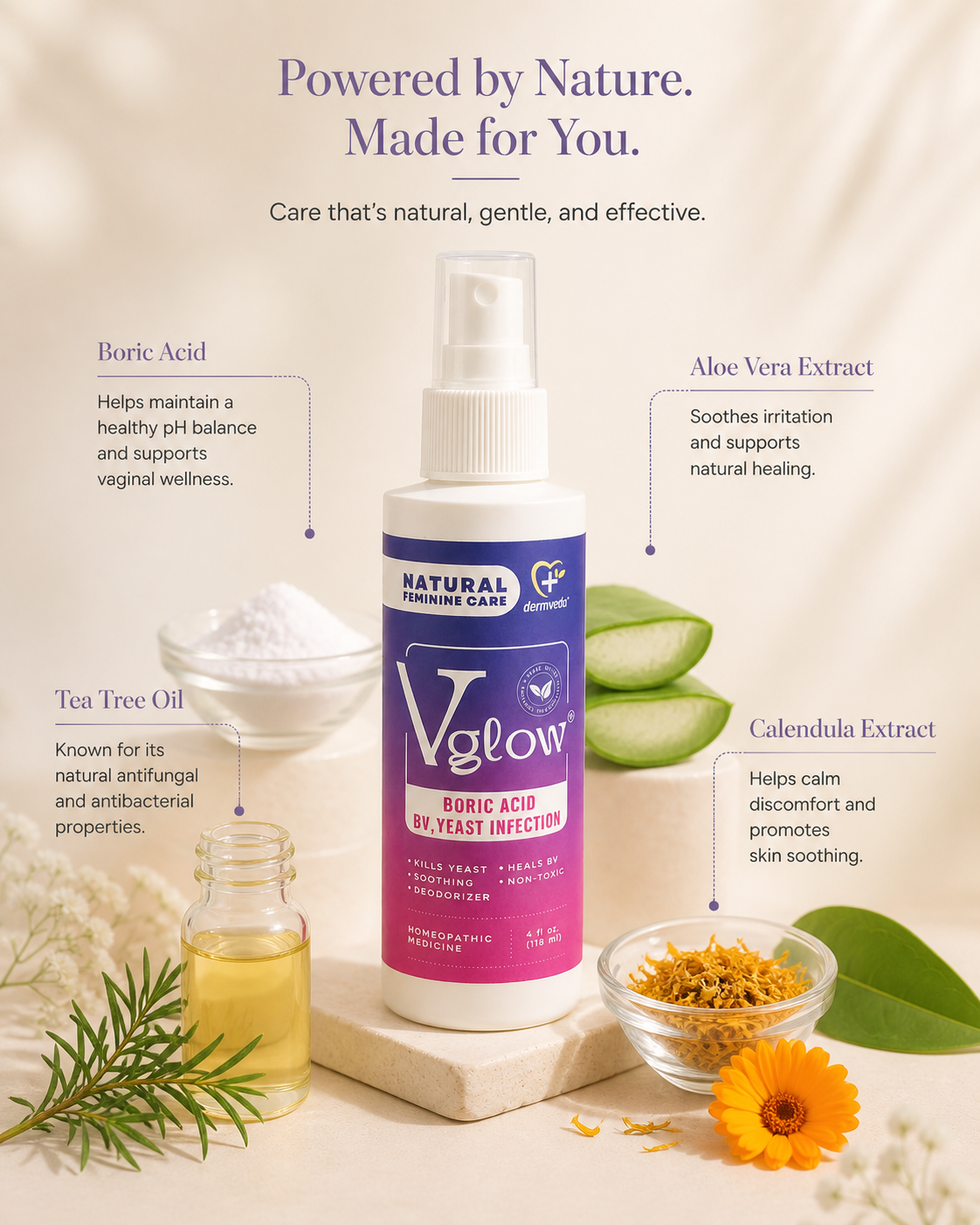 Boric acid, aloe vera, tea tree and calendula — Vglow's botanical actives