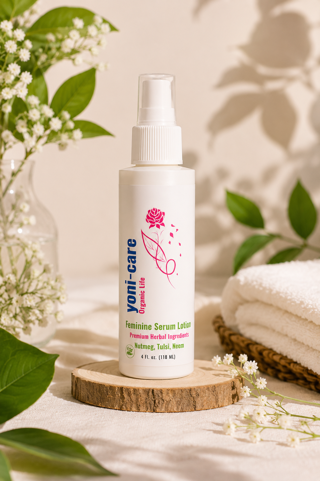 Yoni-care herbal serum on a soft linen surface — gentle daily feminine care