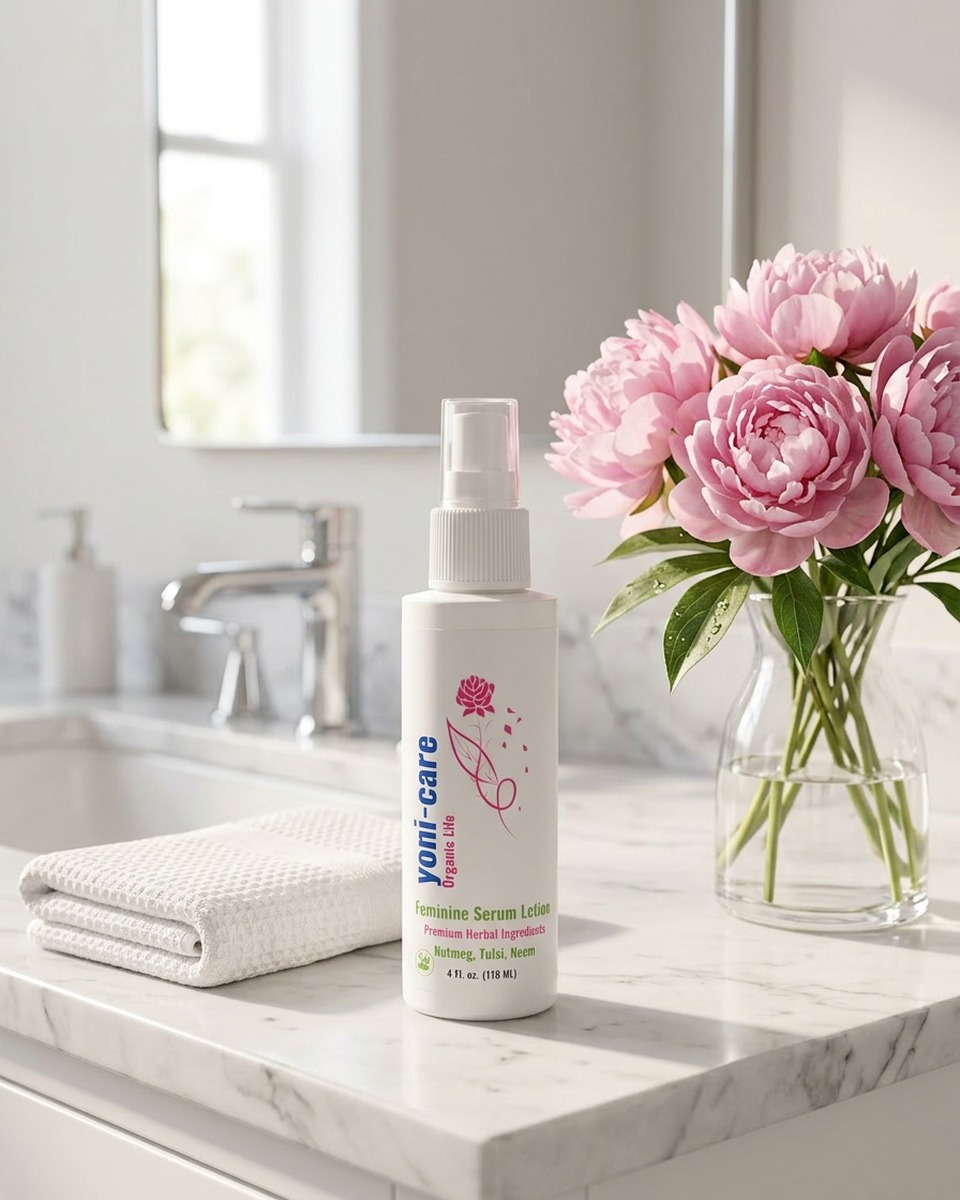 Yoni-care serum on a marble bathroom counter with fresh pink peonies