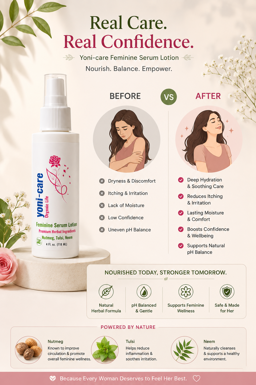 Before and after — from dryness, itching and low confidence to deep hydration, comfort and pH balance with Yoni-care